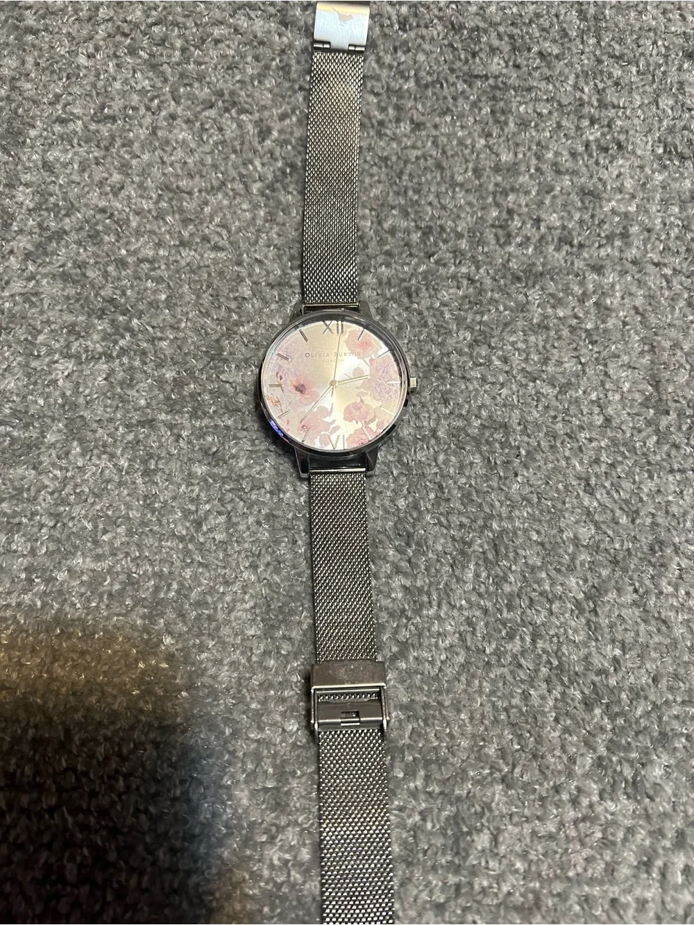 OLIVIA BURTON Silver Mesh Watch with Pink Floral Dial